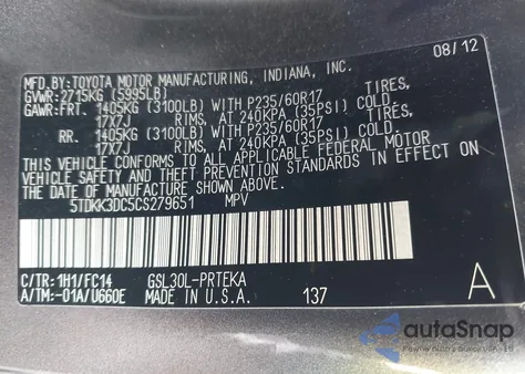 2012 Toyota Sienna Le V6 8 Passenger z USA, uszkodzony, nr VIN 5TDKK3DC5CS279651